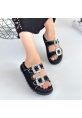 LQZ Shoes Juana Siyah Nubuk  Taşlı Terlik