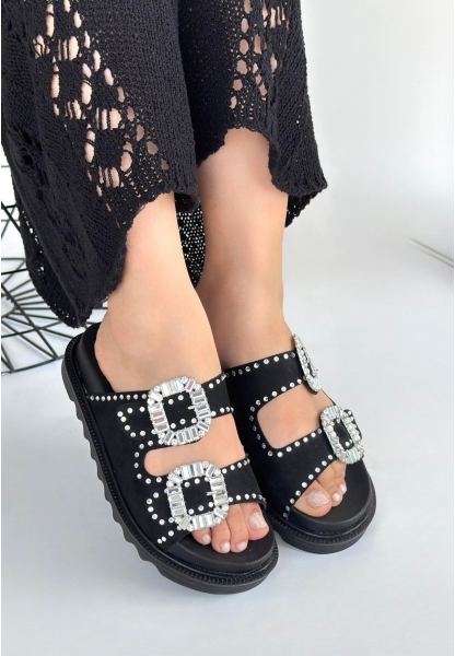 LQZ Shoes Juana Siyah Nubuk  Taşlı Terlik