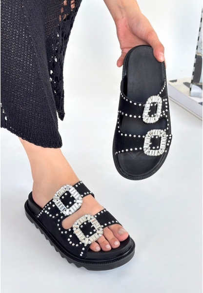 LQZ Shoes Juana Siyah Nubuk  Taşlı Terlik