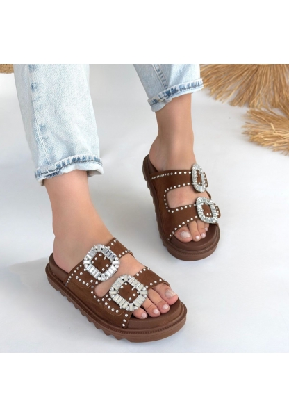 LQZ Shoes Juana Taba  Nubuk  Taşlı Terlik