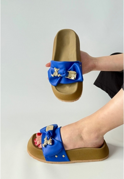 LQZ Shoes Jude Mavi Cilt Ayıcıklı Terlik