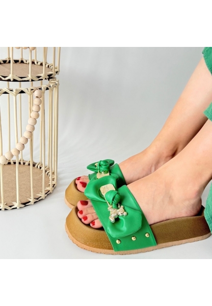 LQZ Shoes Jude Yeşil Cilt Ayıcıklı Terlik