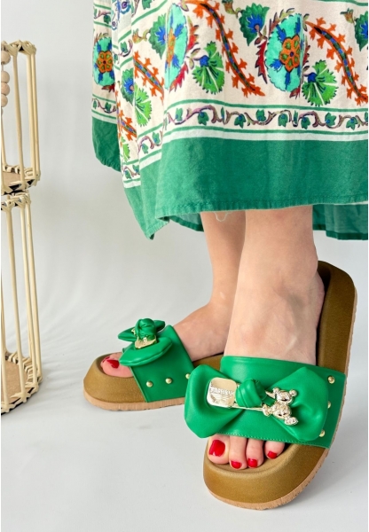 LQZ Shoes Jude Yeşil Cilt Ayıcıklı Terlik