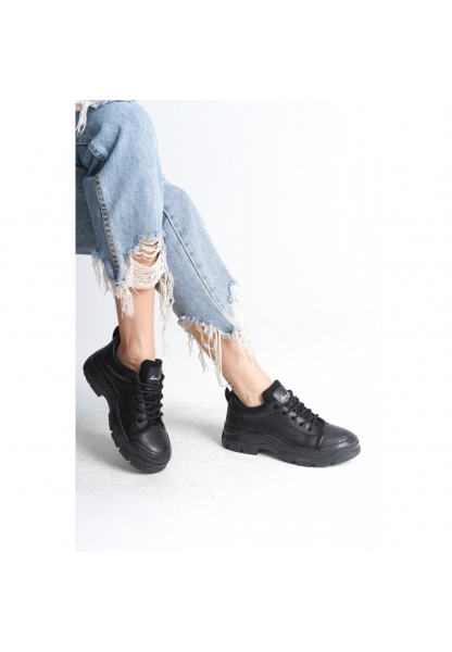 LQZ Shoes Jule Siyah Cilt Bağcıklı Spor Ayakkabı