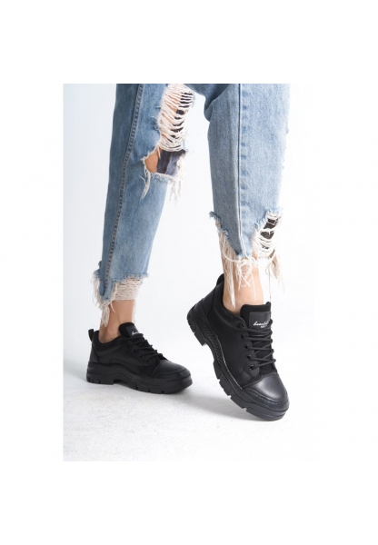 LQZ Shoes Jule Siyah Cilt Bağcıklı Spor Ayakkabı