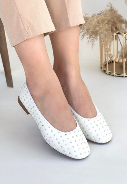LQZ Shoes Junoy Beyaz Saten Taşlı Babet Ayakkabı