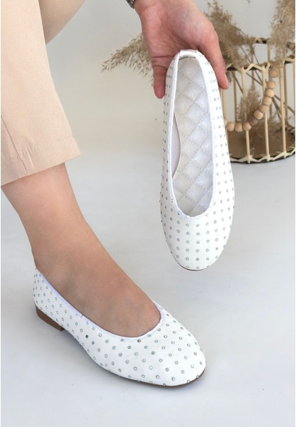 LQZ Shoes Junoy Beyaz Saten Taşlı Babet Ayakkabı