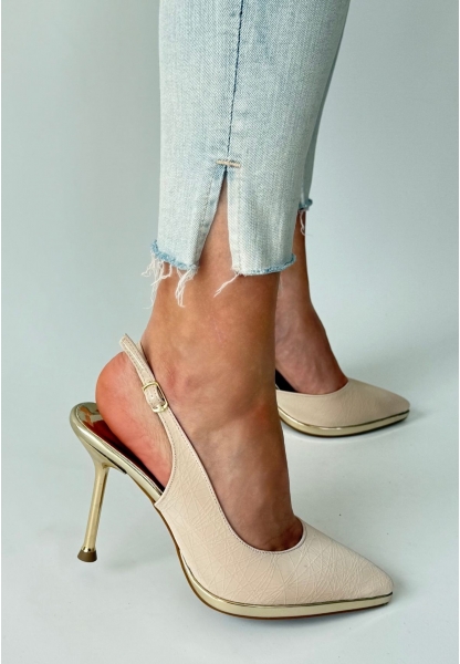 LQZ Shoes Kalyt Bej Cilt Topuklu Ayakkabı