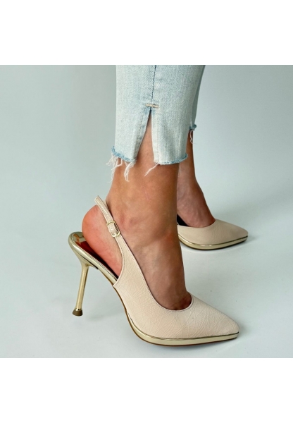 LQZ Shoes Kalyt Bej Cilt Topuklu Ayakkabı
