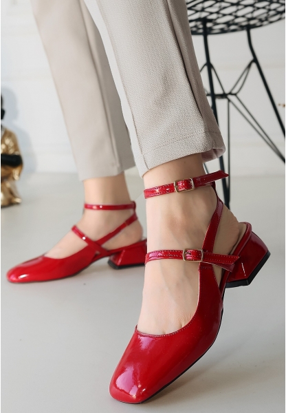 LQZ Shoes Karmi Kırmızı Rugan Topuklu Kemerli Ayakkabı