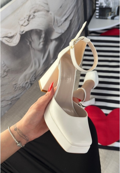 LQZ Shoes Kawer Beyaz Cilt Topuklu Ayakkabı
