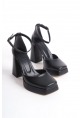 LQZ Shoes Kawer Siyah Cilt Topuklu Ayakkabı