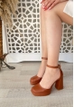 LQZ Shoes Kawer Taba Cilt Topuklu Ayakkabı