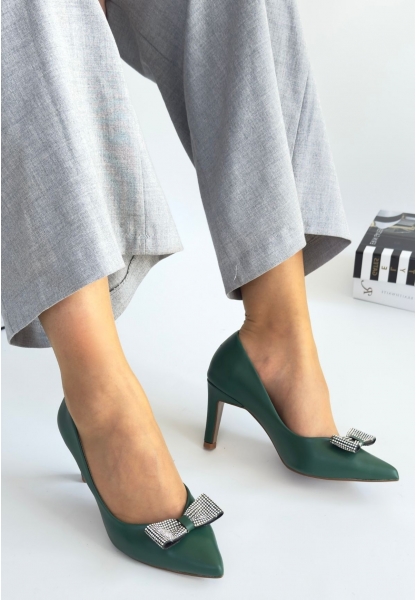 LQZ Shoes Keana Yeşil Cilt Topuklu Ayakkabı