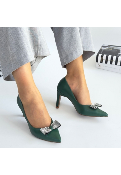 LQZ Shoes Keana Yeşil Cilt Topuklu Ayakkabı