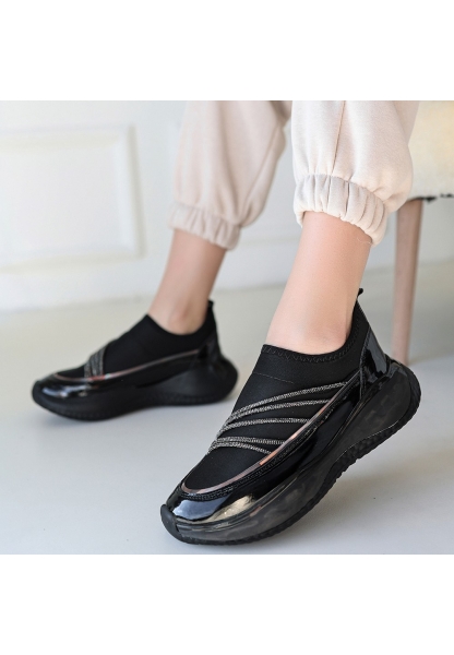 LQZ Shoes Keita Siyah Rugan Streç Detaylı Siyah Tabanlı Spor Ayakkabı