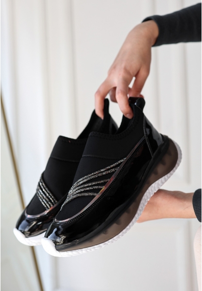 LQZ Shoes Keita Siyah Rugan Streç Detaylı Spor Ayakkabı