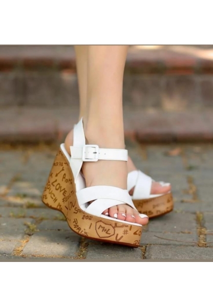 LQZ Shoes Kenja Beyaz Cilt Dolgu Topuk Sandalet