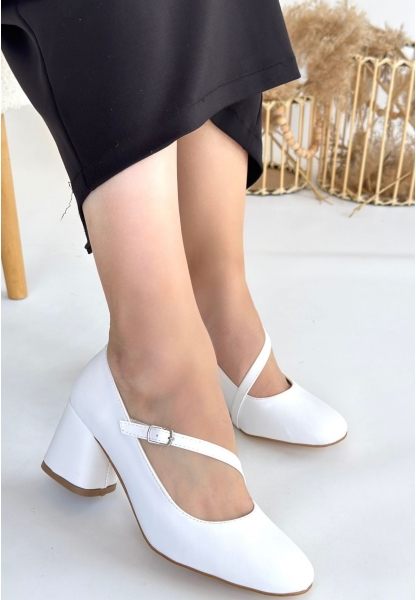LQZ Shoes Kier Beyaz Cilt Topuklu Ayakkabı