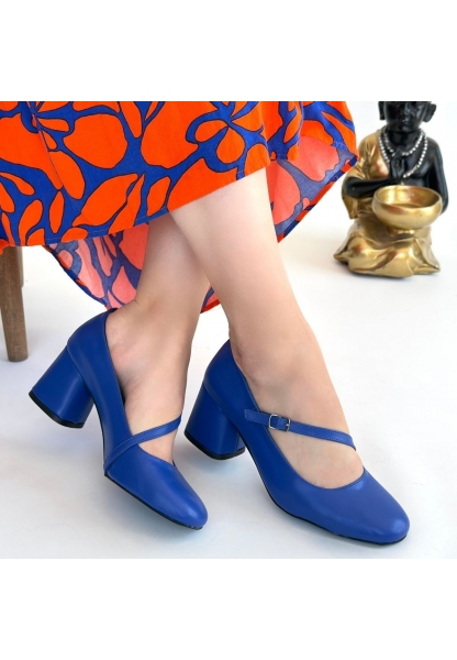 LQZ Shoes Kier Mavi Cilt Topuklu Ayakkabı