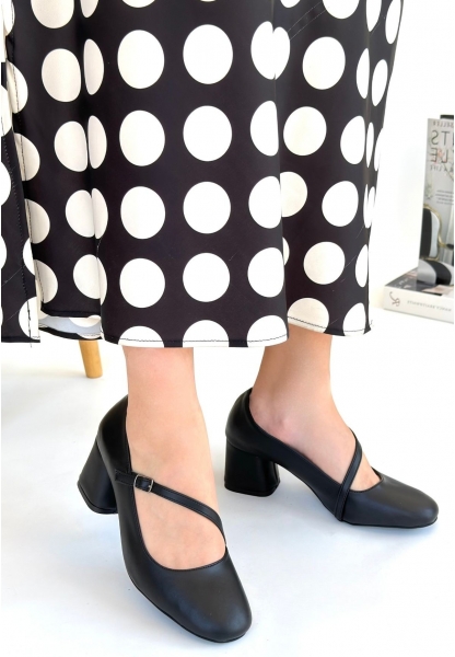 LQZ Shoes Kier Siyah Cilt Topuklu Ayakkabı