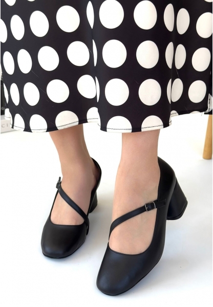 LQZ Shoes Kier Siyah Cilt Topuklu Ayakkabı