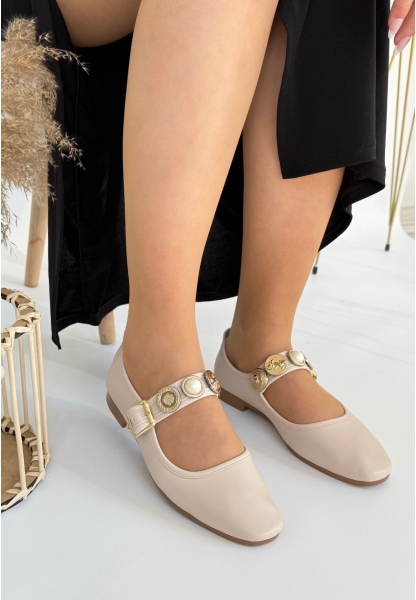 LQZ Shoes Koope Bej Cilt Babet Ayakkabı