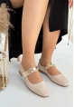 LQZ Shoes Koope Bej Cilt Babet Ayakkabı