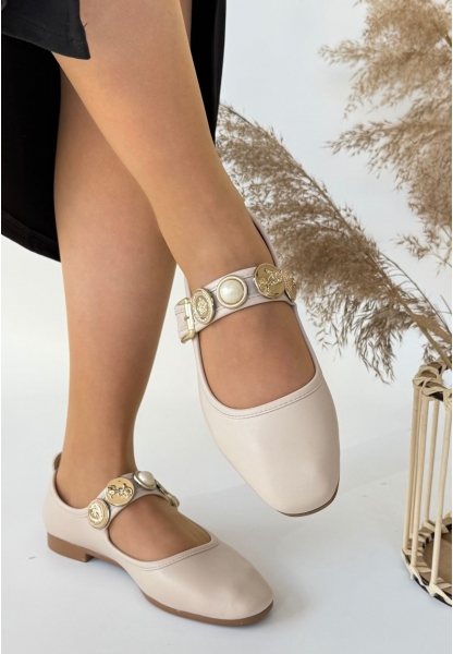 LQZ Shoes Koope Bej Cilt Babet Ayakkabı