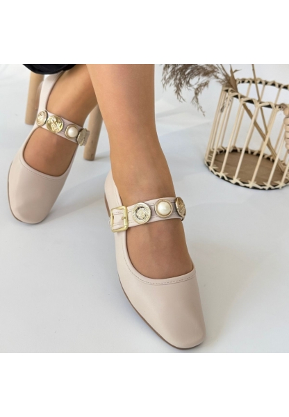 LQZ Shoes Koope Bej Cilt Babet Ayakkabı