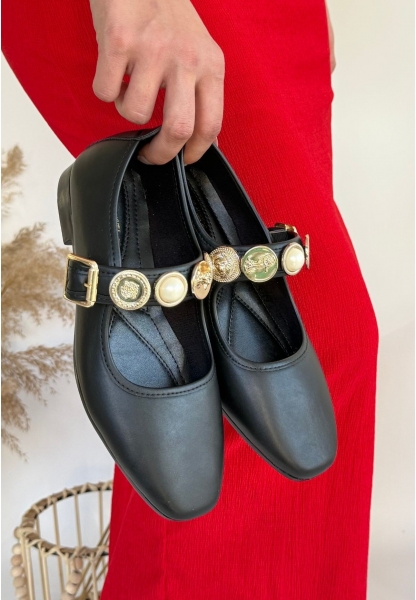 LQZ Shoes Koope Siyah Cilt Babet Ayakkabı