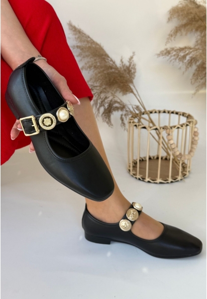 LQZ Shoes Koope Siyah Cilt Babet Ayakkabı