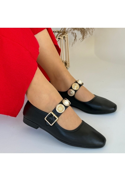 LQZ Shoes Koope Siyah Cilt Babet Ayakkabı