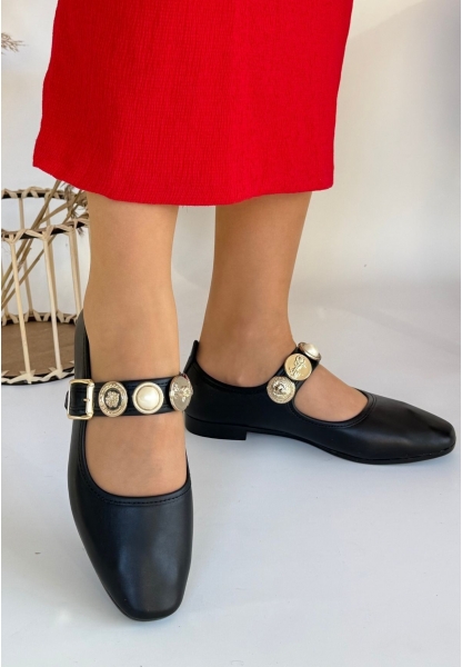 LQZ Shoes Koope Siyah Cilt Babet Ayakkabı