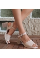LQZ Shoes Laera Bej Cilt Topuklu Sandalet