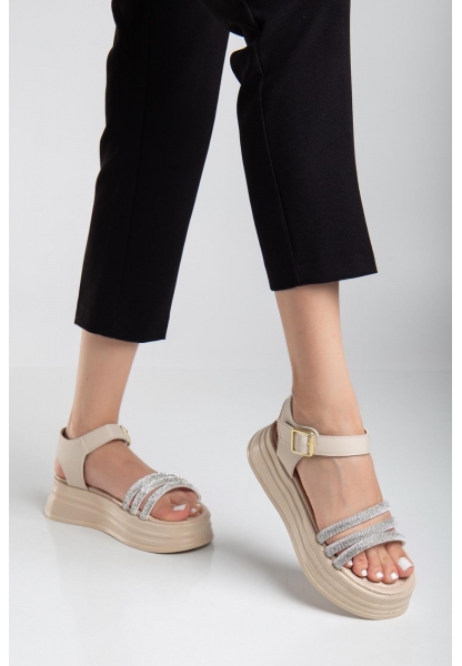 LQZ Shoes Lalen Bej Cilt Kemerli Sandalet