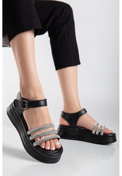 LQZ Shoes Lalen Siyah Kemerli Sandalet