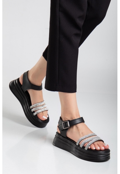 LQZ Shoes Lalen Siyah Kemerli Sandalet
