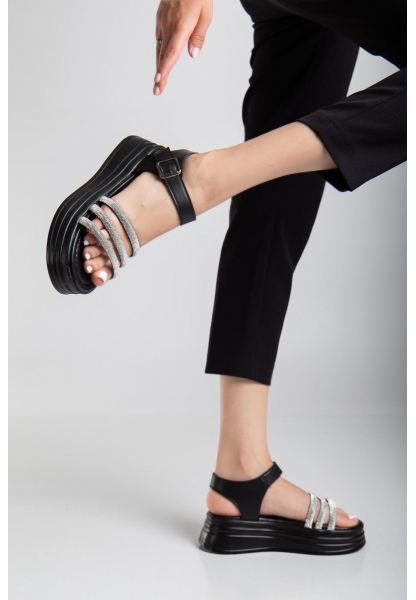 LQZ Shoes Lalen Siyah Kemerli Sandalet