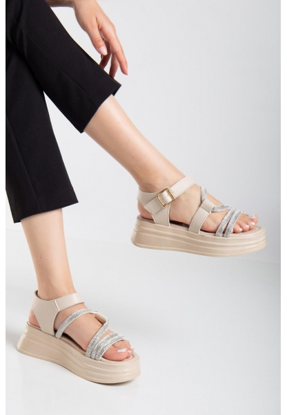 LQZ Shoes Lenda Bej Cilt Kemerli Sandalet
