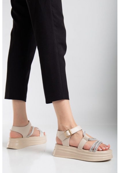 LQZ Shoes Lenda Bej Cilt Kemerli Sandalet