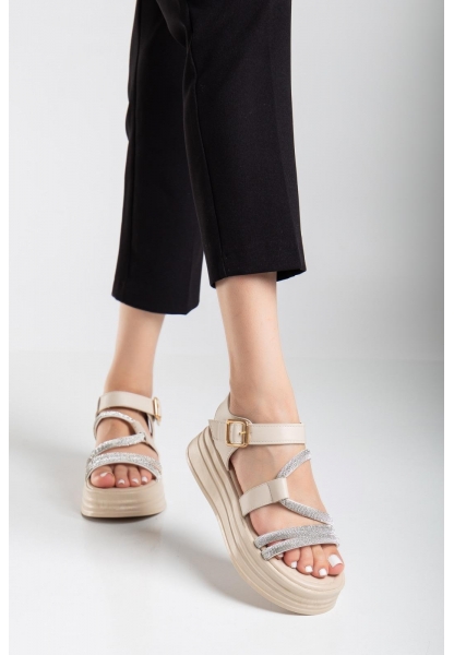 LQZ Shoes Lenda Bej Cilt Kemerli Sandalet