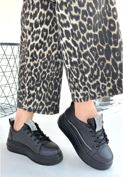LQZ Shoes Leope Siyah Cilt Bağcıklı Spor Ayakkabı