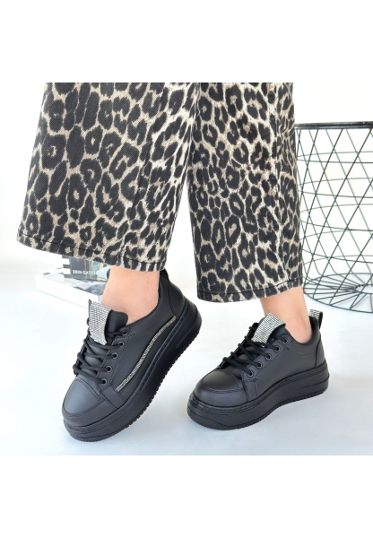 LQZ Shoes Leope Siyah Cilt Bağcıklı Spor Ayakkabı