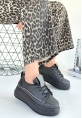 LQZ Shoes Leope Siyah Cilt Bağcıklı Spor Ayakkabı