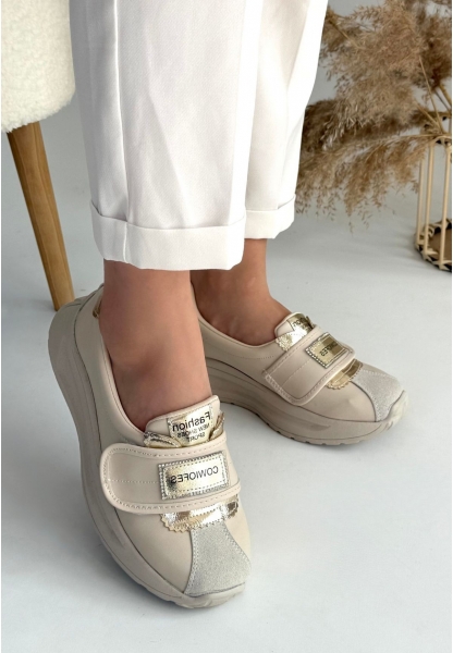 LQZ Shoes Lilay Bej Cilt Gold Detaylı Spor Ayakkabı
