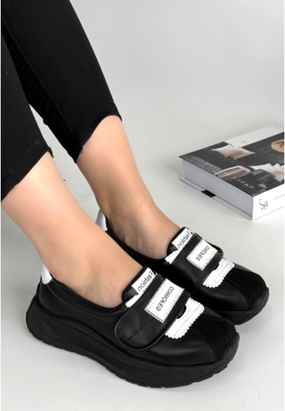 LQZ Shoes Lilay Siyah Cilt Beyaz Detaylı Spor Ayakkabı