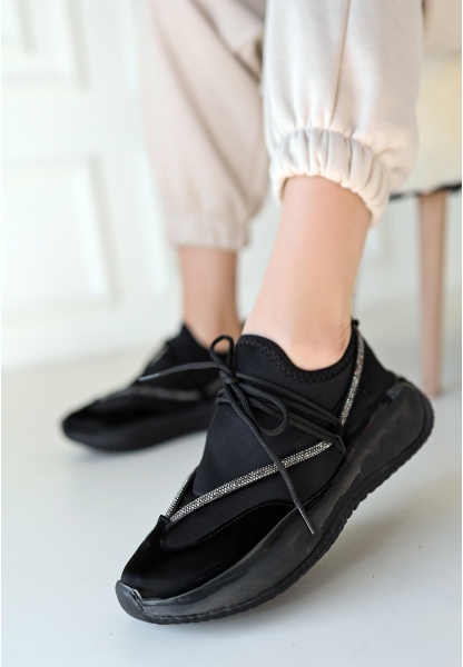 LQZ Shoes Liney Siyah Rugan Siyah Tabanlı Bağcıklı Spor Ayakkabı