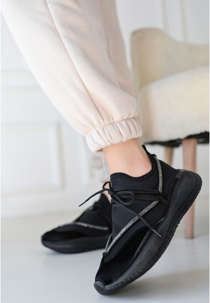 LQZ Shoes Liney Siyah Rugan Siyah Tabanlı Bağcıklı Spor Ayakkabı
