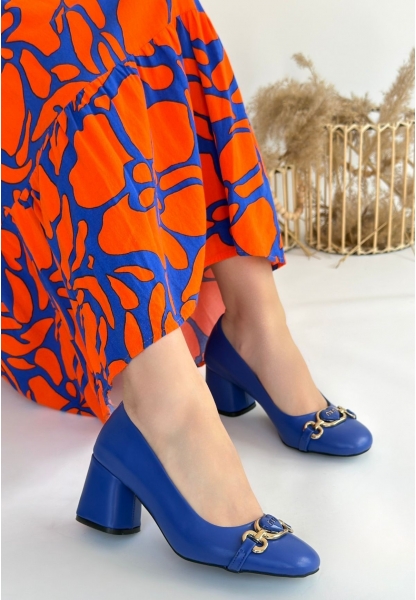 LQZ Shoes Lucky Mavi Cilt Topuklu Ayakkabı